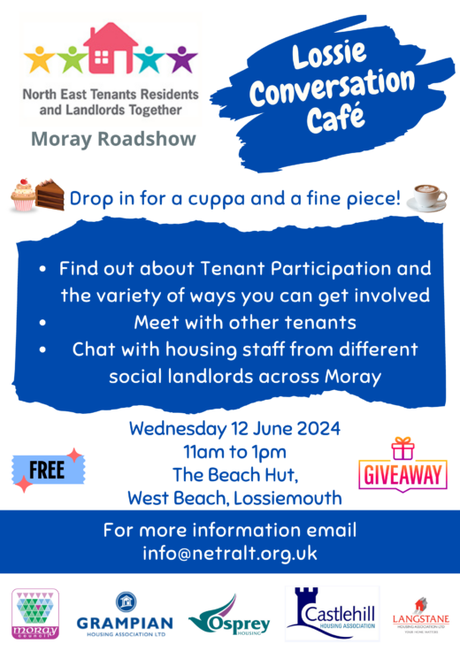 Poster promoting NETRALT Conversation Café on 12 June 2024, between 11am and 1pm at The Beach Hut café, West Beach, Lossiemouth.